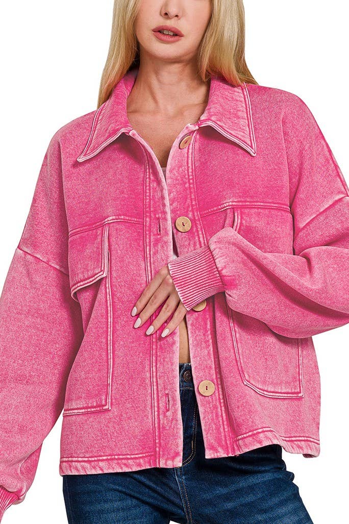 Vanilla Monkey – wholesale Shirt Jacket/Shacket - Women’s – Acid Wash Fleece Front Pocket Cropped Shacket4