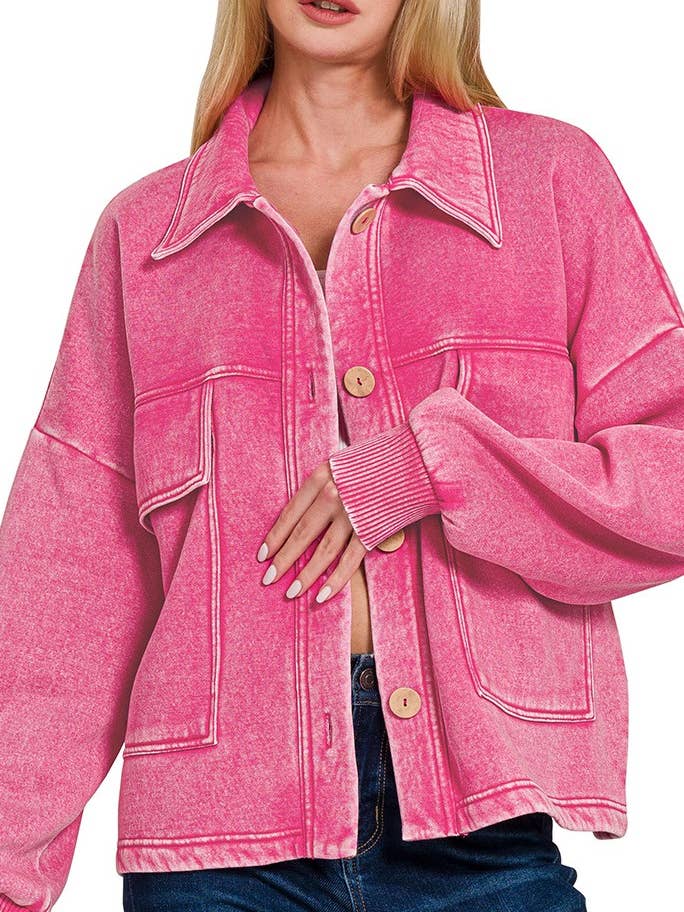 Acid Wash Fleece Front Pocket Cropped Shacket for wholesale by Vanilla Monkey