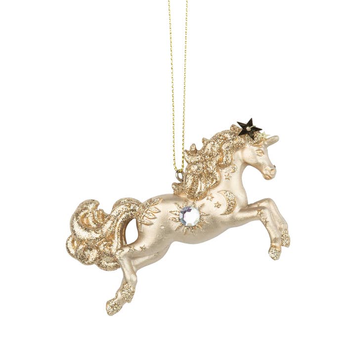 G79580: Glden rsn cel unicorn orn,glit,jewel star,3.5in for wholesale by Silver Tree Home & Holiday
