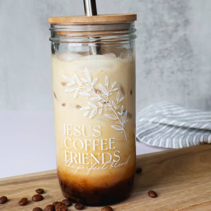 Grace and Joy Company - Wholesale Drinking Glass/Cup - Jesus, Coffee and Friends Floral Glass Tumbler + Bamboo Lid