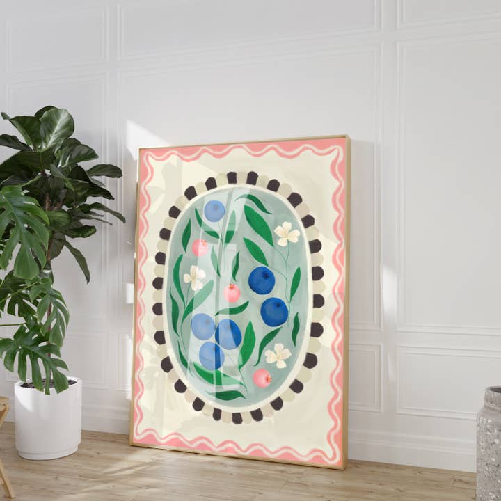 Kate Fox Design - Wholesale Art Print - Blueberry with border, Art print, Kitchen art, Â colourful