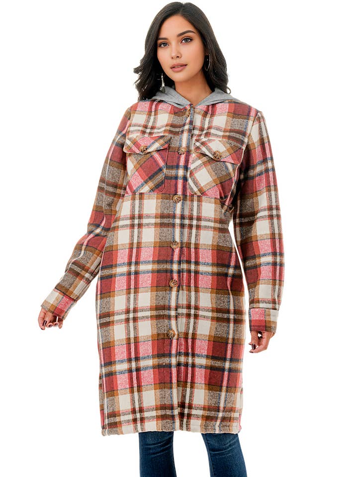 Color 5 – Großhandel Hemd – Damen – Super lange rote karierte Hemdjacke aus Flanell mit Taschen