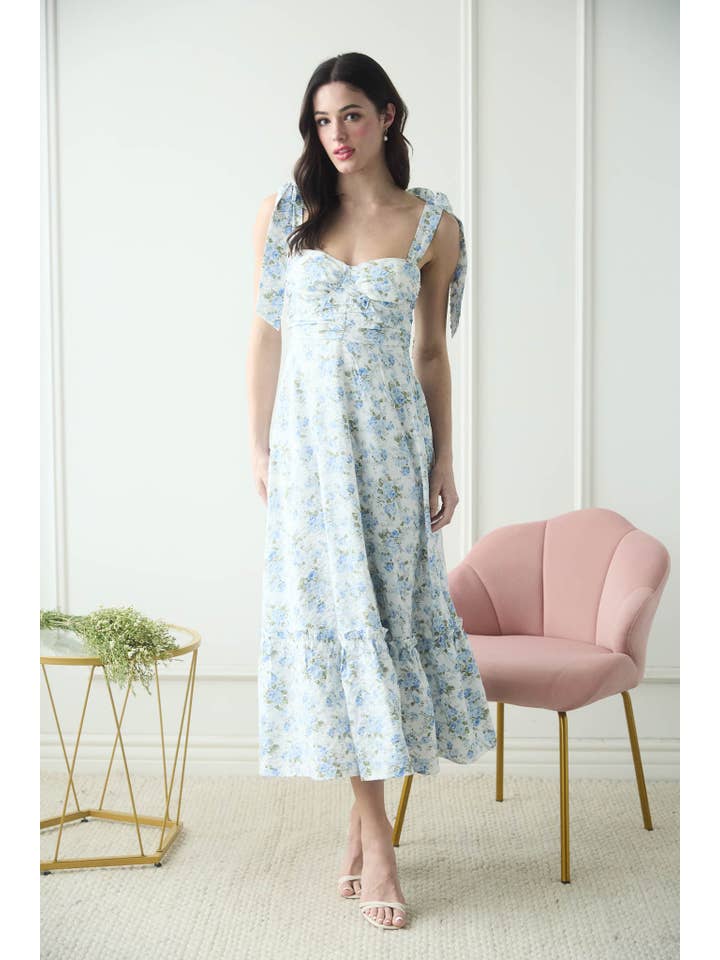 Blu Pepper - Wholesale Dress - Women's - FLORAL TIE STRAP RUCHED DETAIL MAXI DRESS