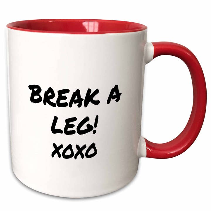 Tazza rossa bicolore da 11 once Break a Leg xoxo. Teatro, attore, spettacolo per la vendita all'ingrosso da parte di 3dRose