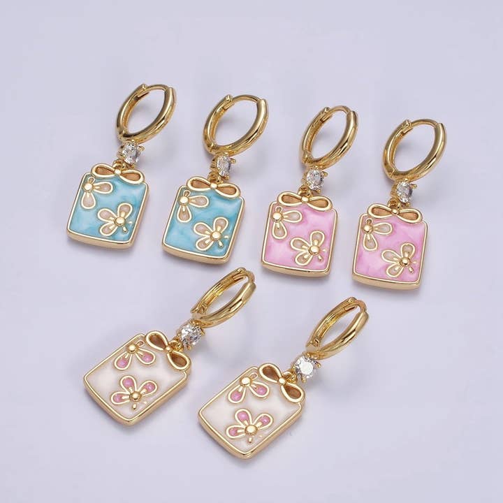 16K Gold Filled Pink, White, Blue Sparkly Enamel Ribbon Bow Rectangular CZ Drop Huggie Earrings | AD-387 AD-388 AD-389 for wholesale by Aim Eternal