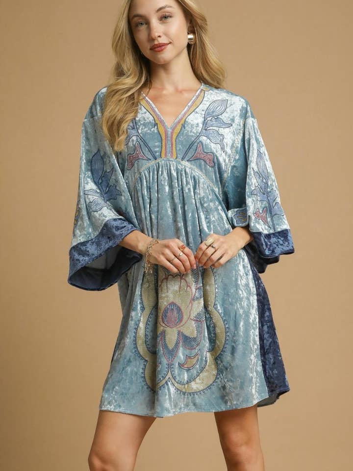 Velvet Floral Embroidered Swing Dress for wholesale by Vanilla Monkey