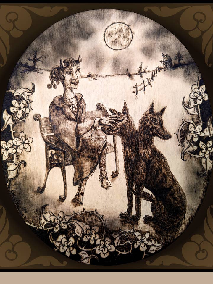 Full moon, faun & two-headed dog fantasy print for wholesale by Chaos Woods
