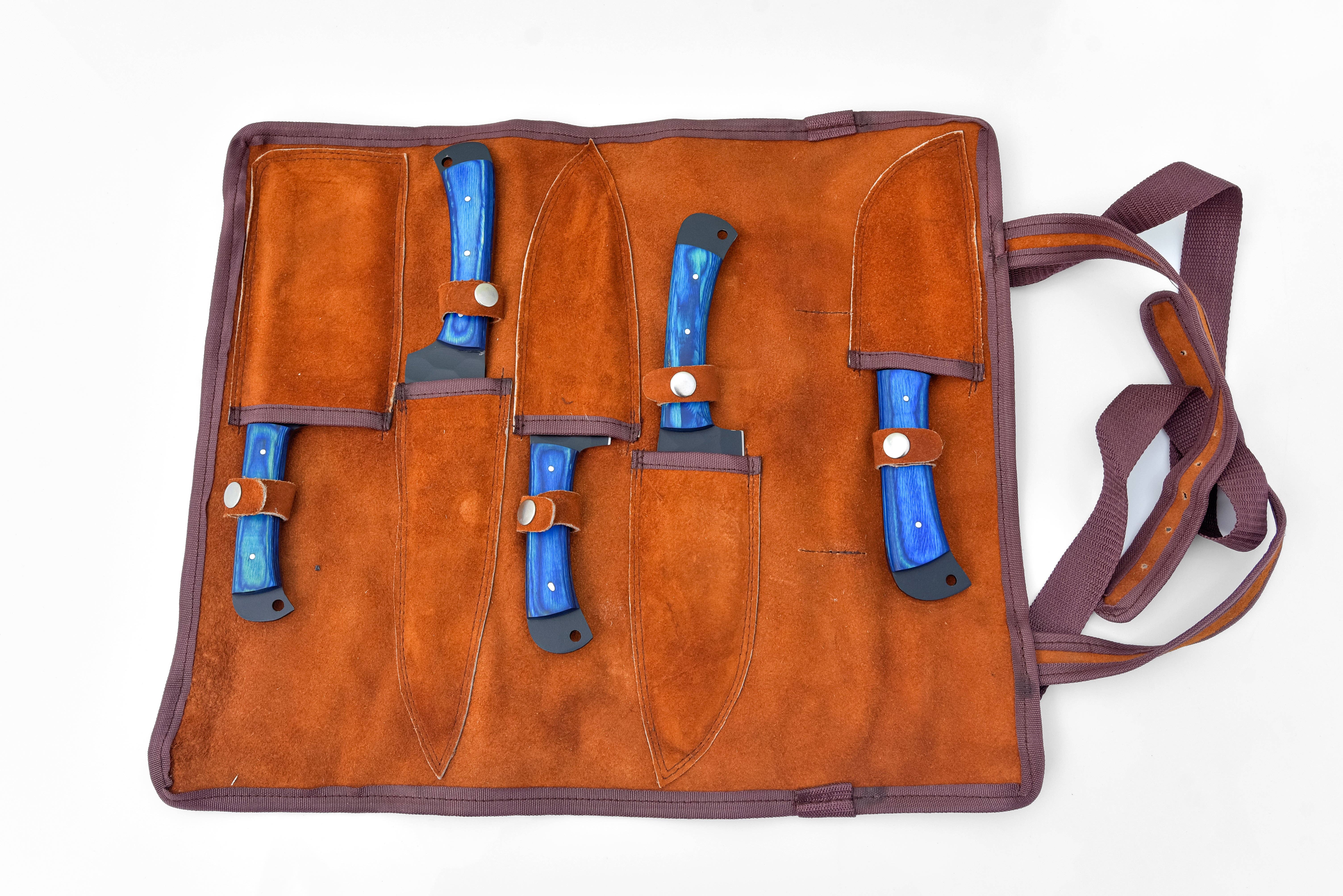 Titan International - Wholesale Knife Set - 5-Piece  Knife Set / With Leather carry Bag Blue3
