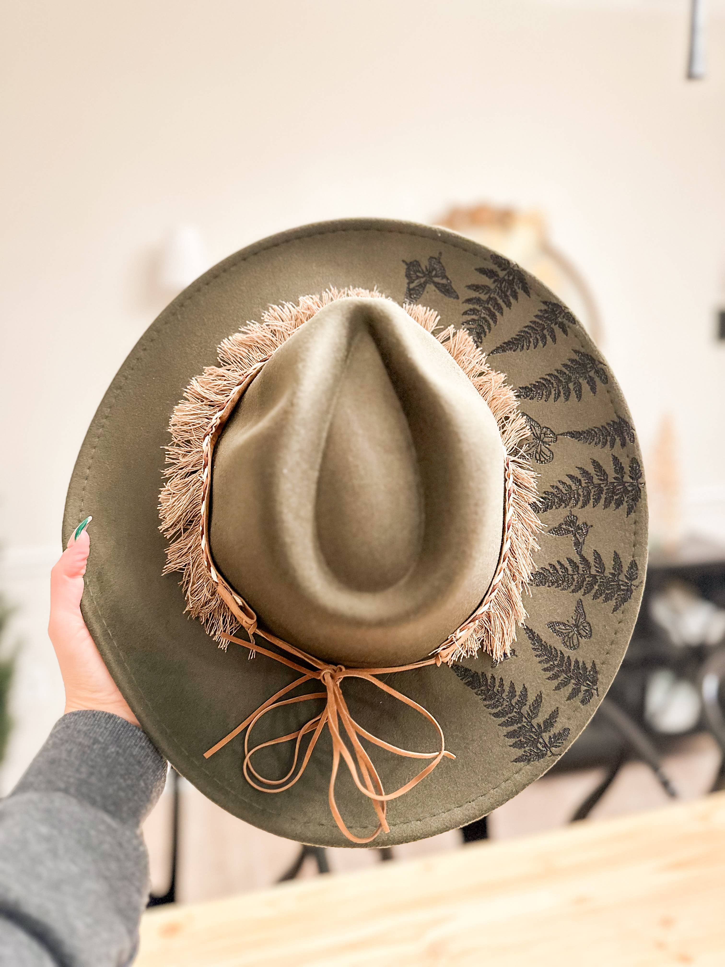 Wild Indigo - Wholesale Fedora - Women's - Western Burnt Hat Fern and Butterfly Design2