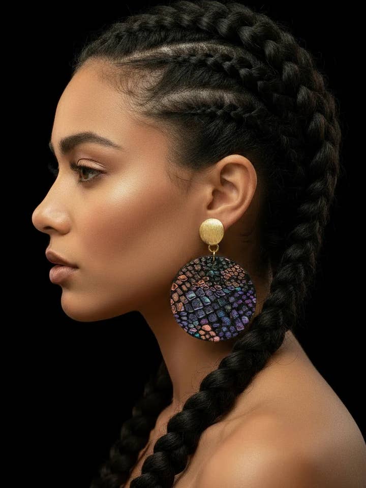 Purple Snakeskin Earrings: Iridescent Wood and Leather for wholesale by Designed By Risha