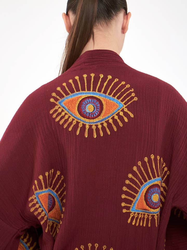 Yaz Concepts - Wholesale Kimono - Women's - Burgundy Evil Eye Print Bathrobe Festival Kimono Robe 11