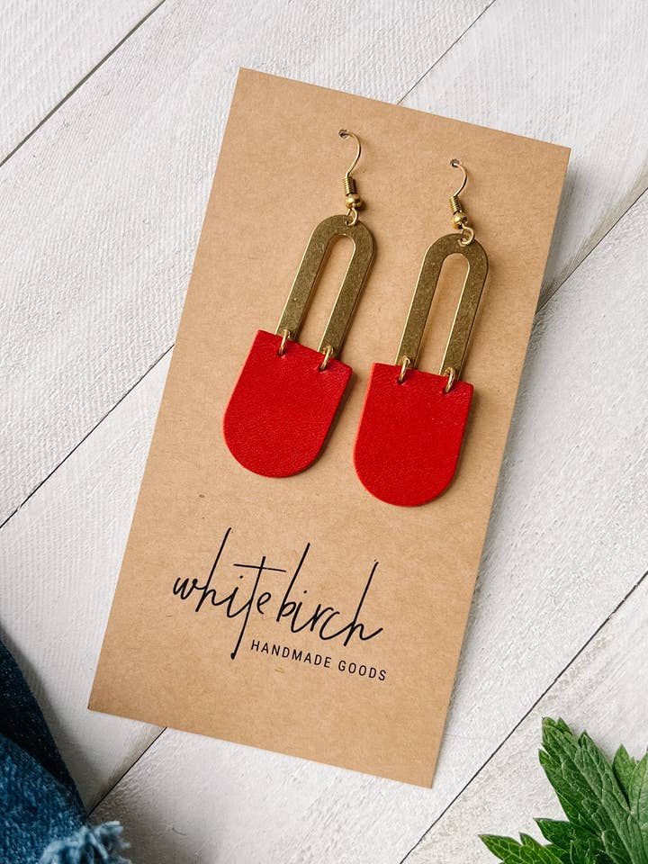 Red Leather & Brass Earrings for wholesale by Whitebirch Handmade Goods