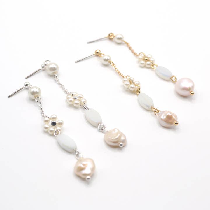 Pearl Flower Linear Drop Dangle Long Earrings for wholesale by StarryNYC