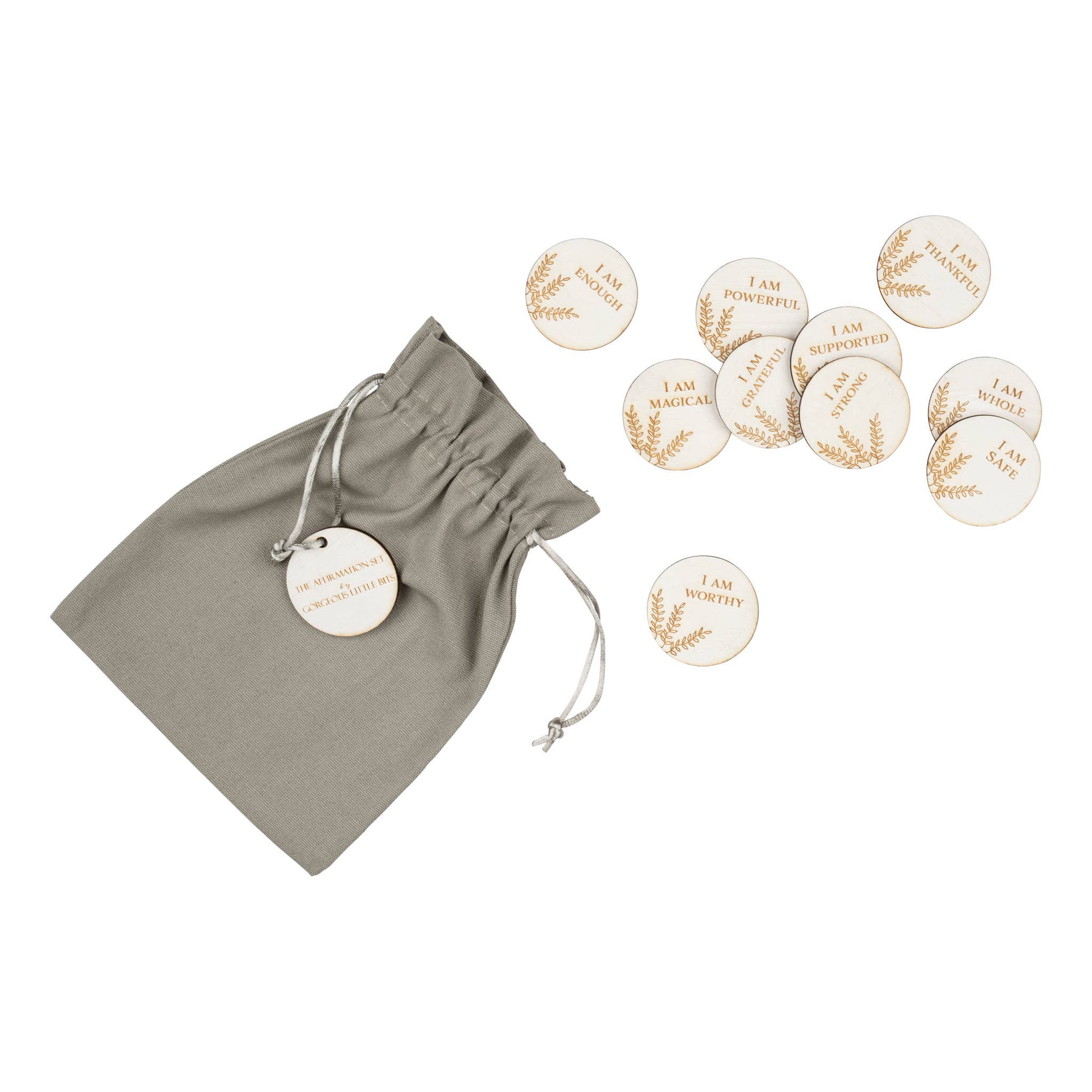 Gorgeous Little Bits Ltd - Wholesale Keepsake Coin/Token - 'I Am' Positive Affirmation Ten Wooden Tokens Gift Box Set1