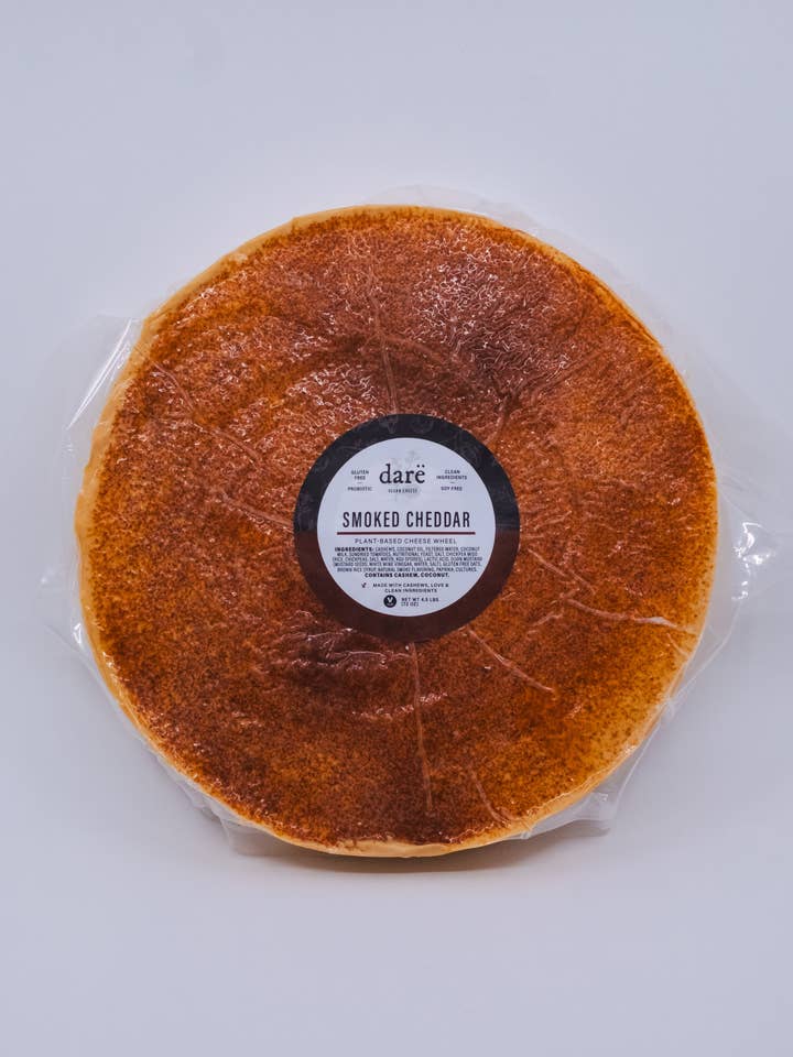 Smoked Cheddar Plant-Based Cheese Wheel for wholesale by Darë Vegan Cheese