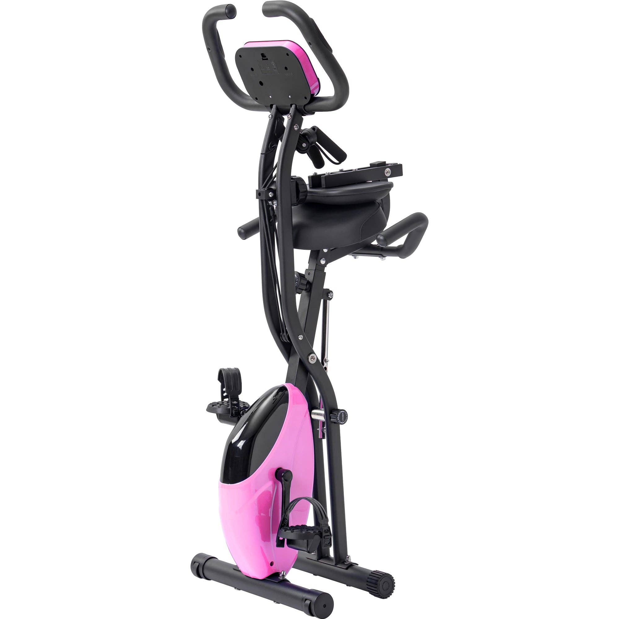 Orange County Decor - Wholesale Fitness Equipment - Folding Exercise Bike, Fitness Upright And Recumbent X Bike With 16 Level Adjustable Resistance, Arm Bands And Backrest Pink Metal11