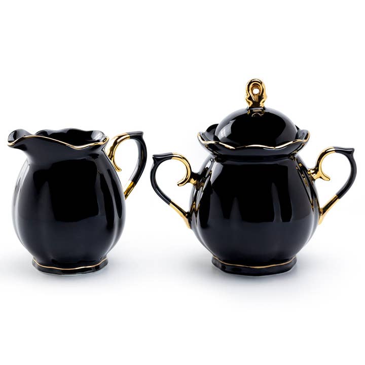 Grace Teaware - Wholesale Creamer - Black Gold Scallop Fine Porcelain Sugar and Creamer Set1