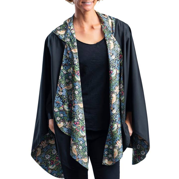 Poncho impermeabile reversibile Black & William Morris Strawberry Thief – Mantella con cappuccio da donna per la vendita all'ingrosso da parte di RainCaper