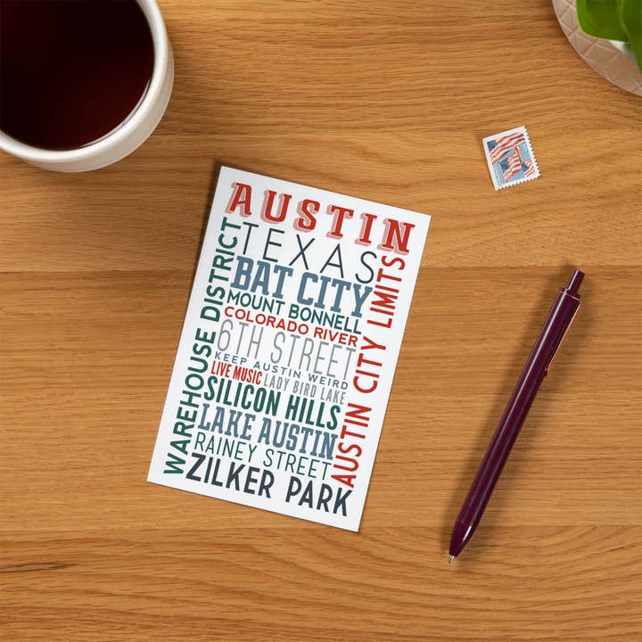 Lantern Press - Wholesale Postcard - PREMIUM POSTCARDS Austin, Texas, Typography