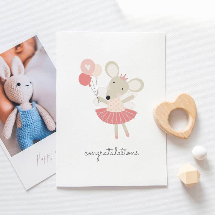 Paper Daisies by j'adorne - Wholesale Baby card - Congratulations - Pink Ballerina Mouse2