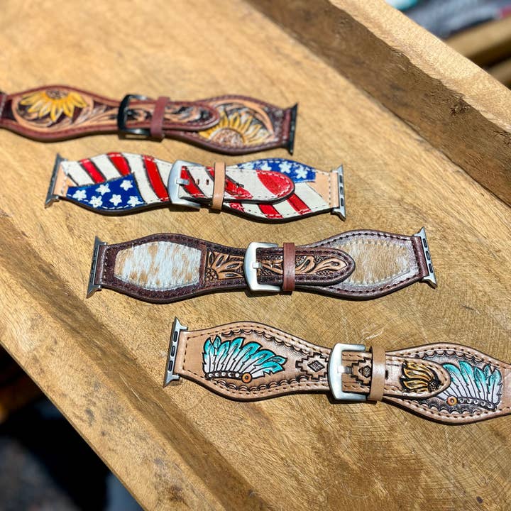 Western Linens - Wholesale Watch Band/Strap - Women's - 45mm Apple Watch band Floral Tooled Leather