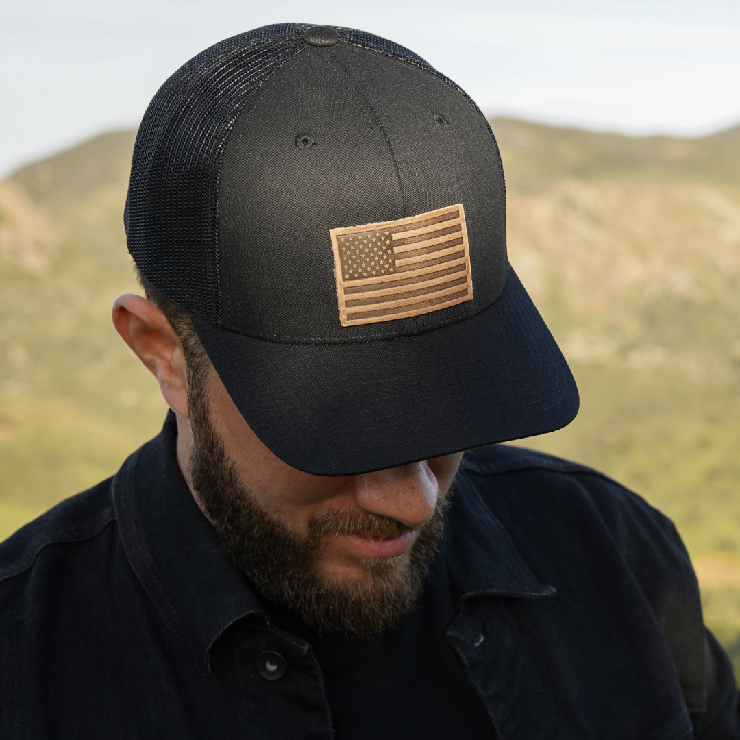Range Leather Co. - Wholesale Trucker Hat - Unisex - American Flag Hat - Leather Patch Trucker Snapback4