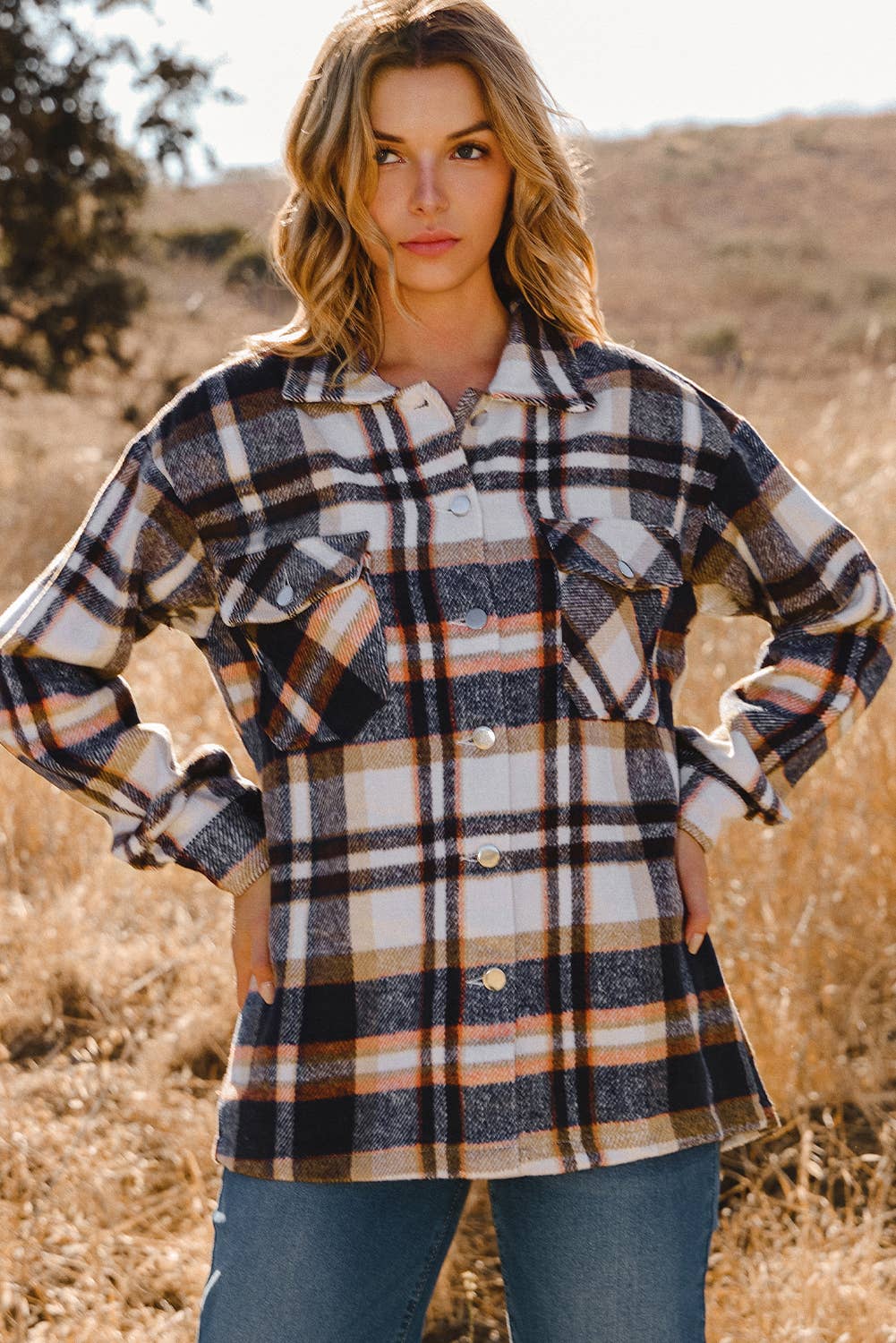 fashionworks - Wholesale Shirt Jacket/Shacket - Women's - Geometric Plaid Print Pocketed Shacket11