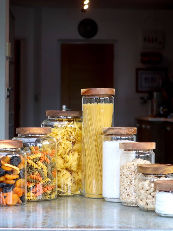 Glass Kitchen Pantry & Storage Jars with Acacia Lids for wholesale by Mrs Green's Eco Store Ltd