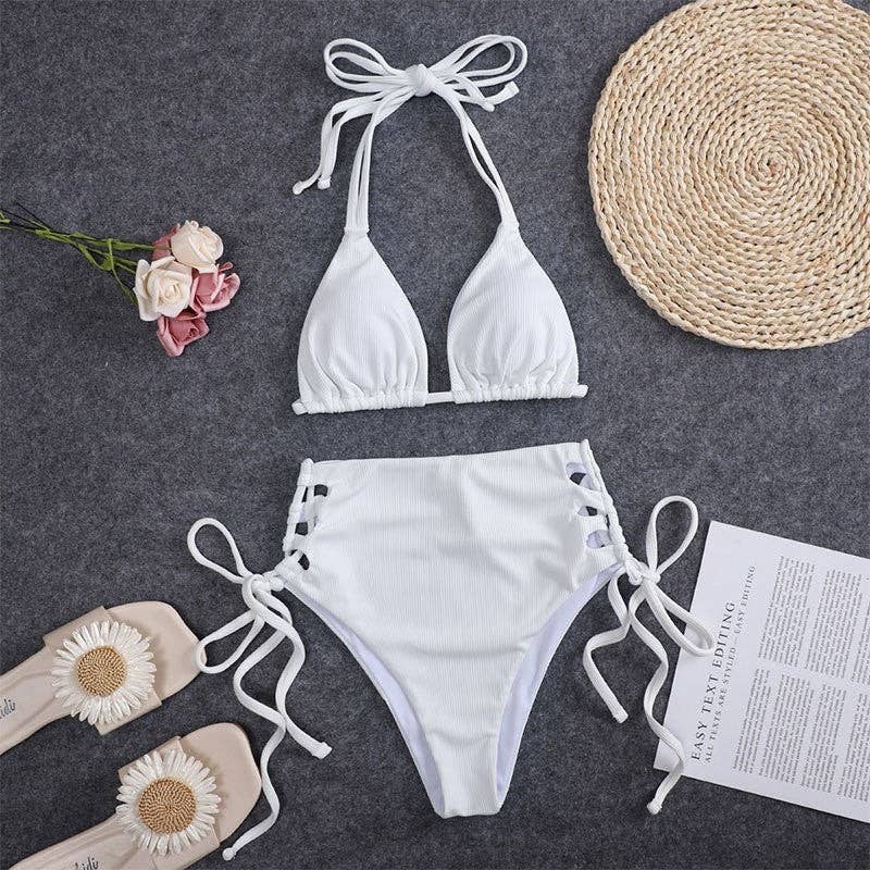 WHITE Solid Color High Waist Tied Bikini Set for wholesale on Faire1