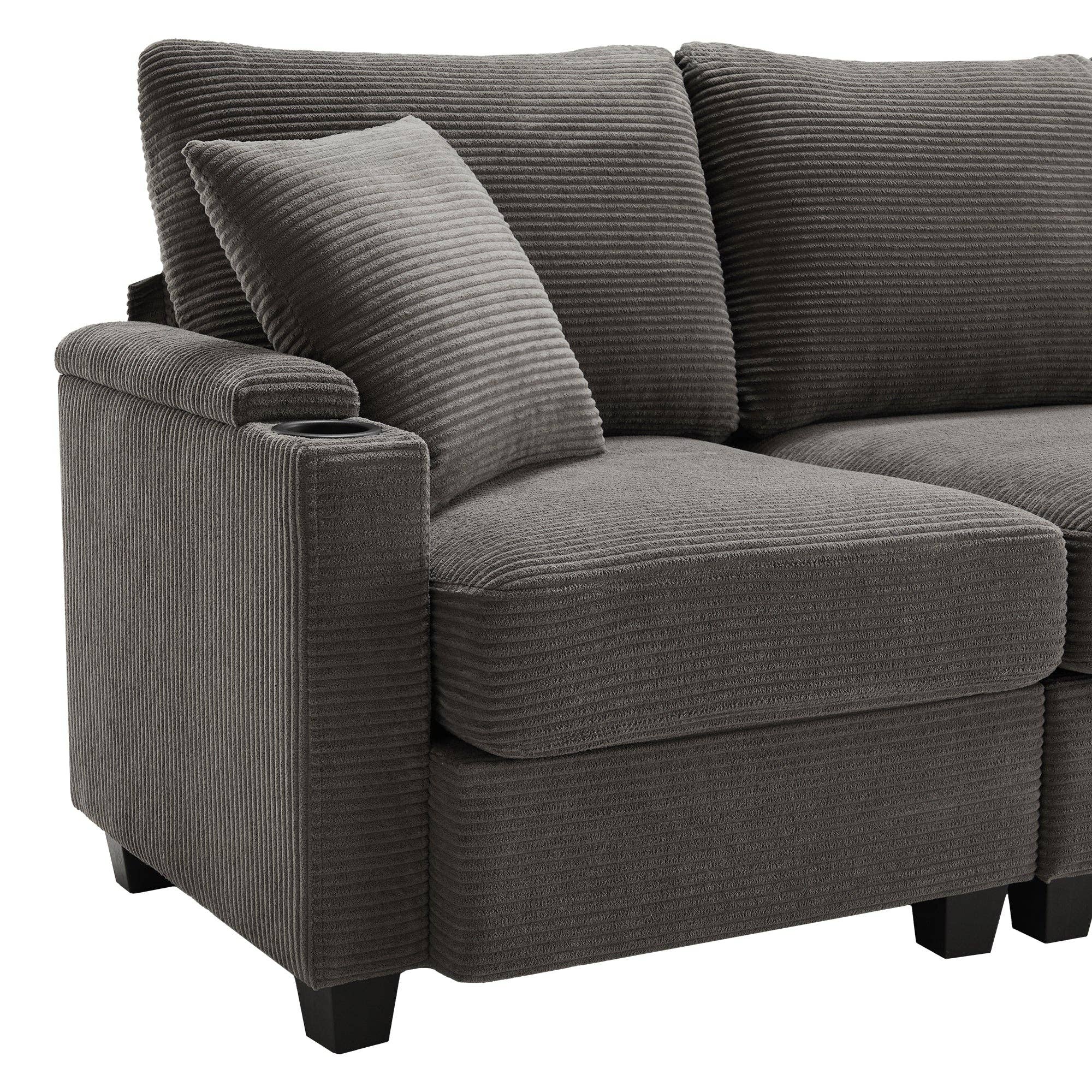 Urban Meuble - Wholesale Bank - Modulaire hoekbank in grijze ribfluweel, 3-4 zitplaatsen met afneembare poef, USB-poorten en bekerhouders GEYSERFOUNT15