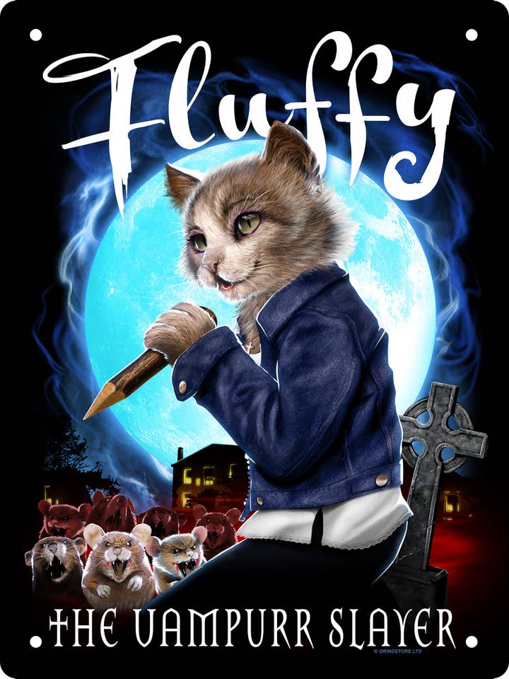 Horror Cats Fluffy The Vampurr Slayer Mini Tin Sign for wholesale by Grindstore
