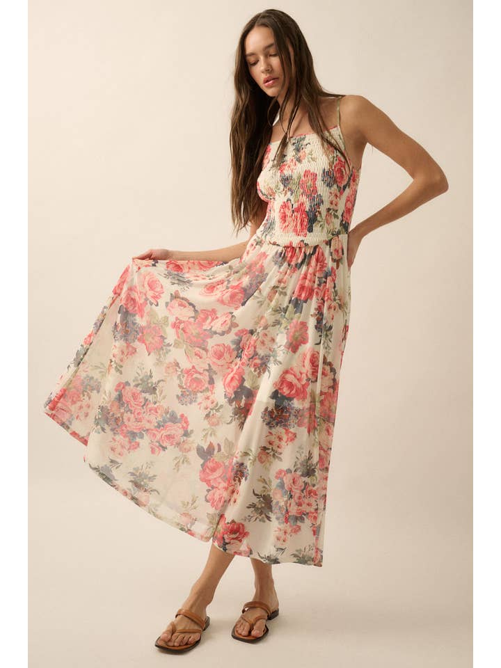 Creme Vestido Maxi Cami com Corpo de Malha Floral e Fumê para venda a revendedores na Faire3
