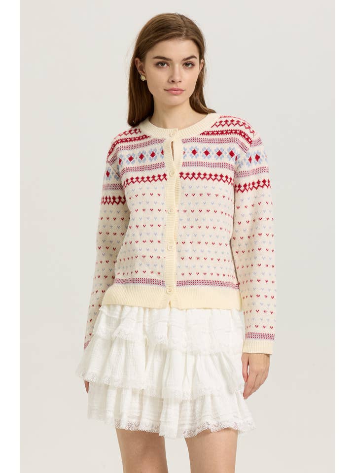 ROSIE POSIE - Wholesale Cardigan - Women's - Fair Isle Knit Cardigan with Red and Blue Accents
