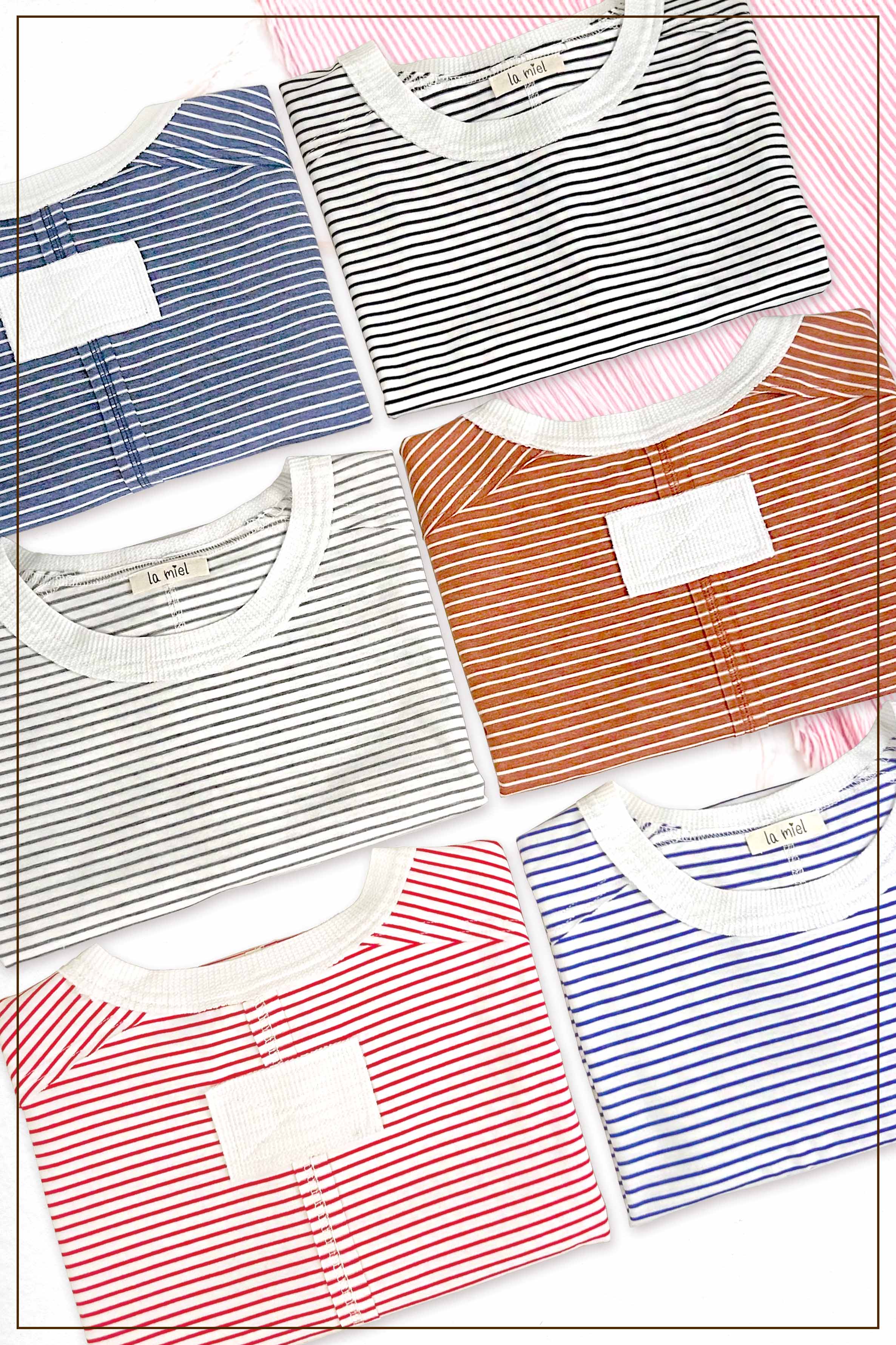 La Miel - Wholesale T-Shirt - Women's - HDT7703-Basic Striped Drop Shoulder Short Sleeves Top21