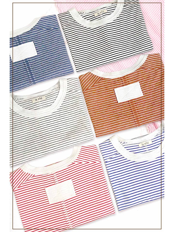 La Miel - Wholesale T-shirt – women's - HDT7703-Basic Striped Drop Shoulder Short Sleeves Top21