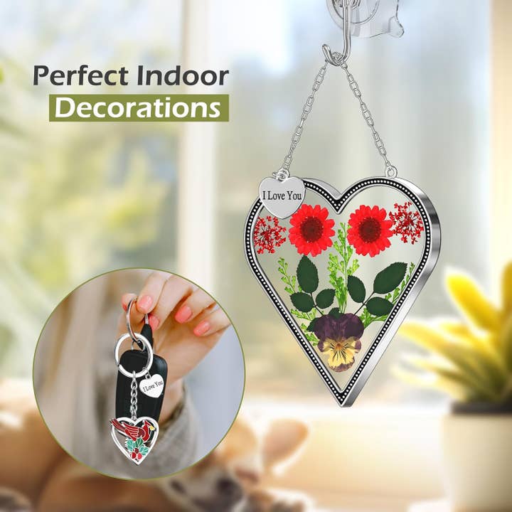 Heart-Shaped Real Flower Suncatcher with 'I Love You' Keychain Gift Set for wholesale by Longshinnning