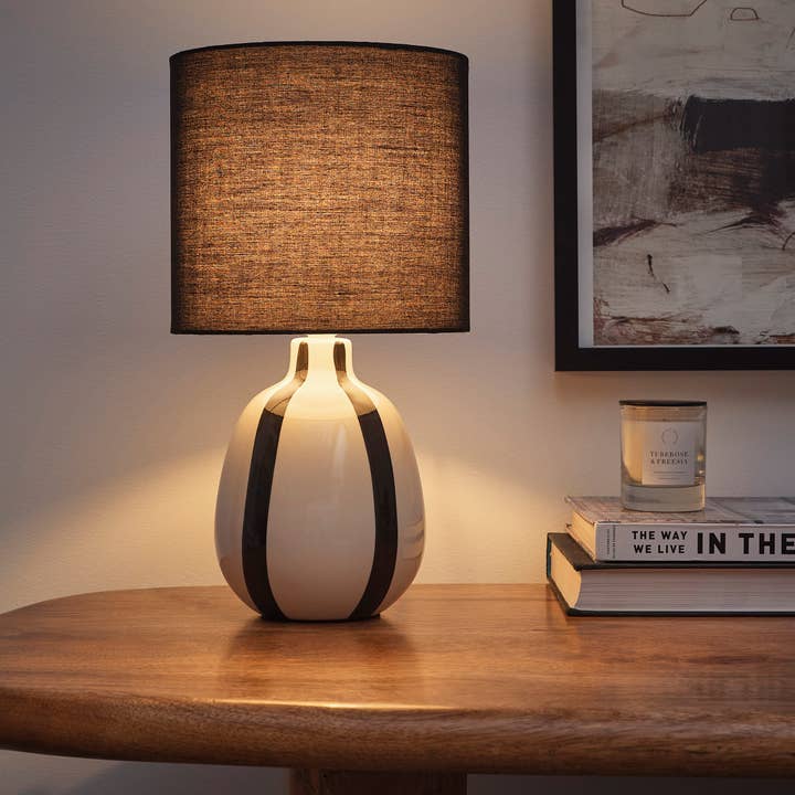 Painted Striped Ceramic Table Lamp with a round base and Matching shades, in Black, Blue, Green and Grey Colour options for wholesale by K LIVING