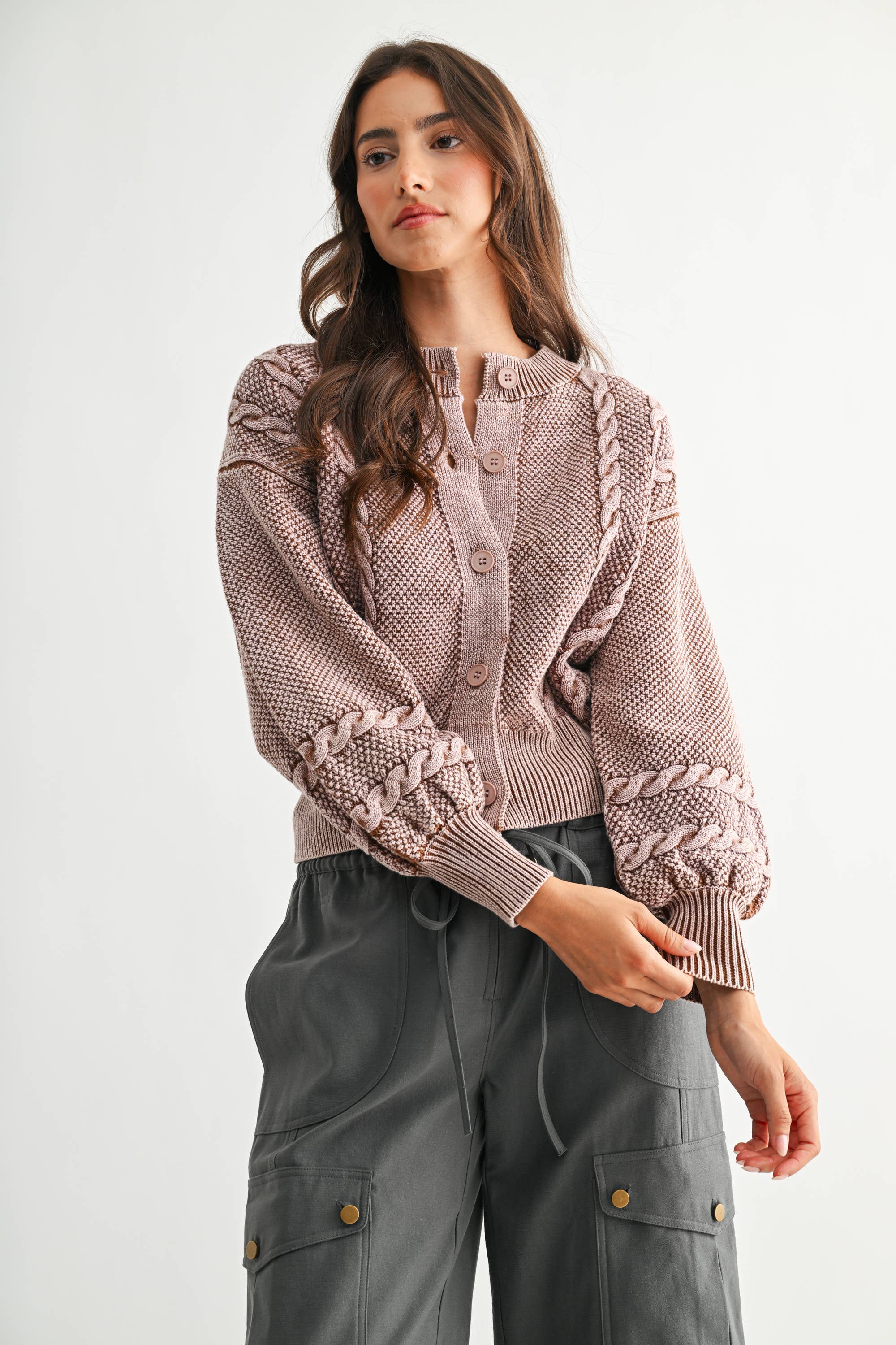 Camellia - Wholesale Cardigan - Women's - CW10019E WASHED BLENDED BROWN CABLE KNIT CARDIGAN45