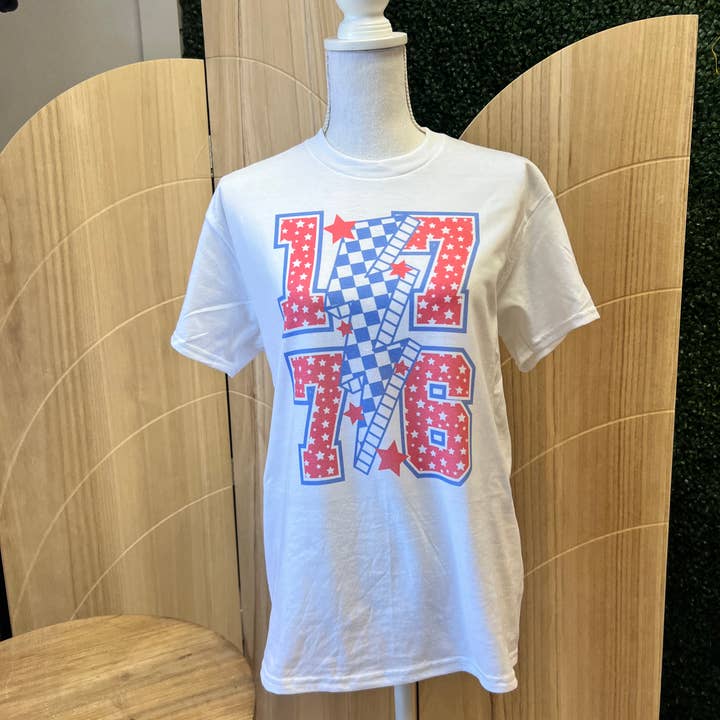 1776 (Patriotic with Lightning Bolt) on White Tee for wholesale by RMN Wholesale