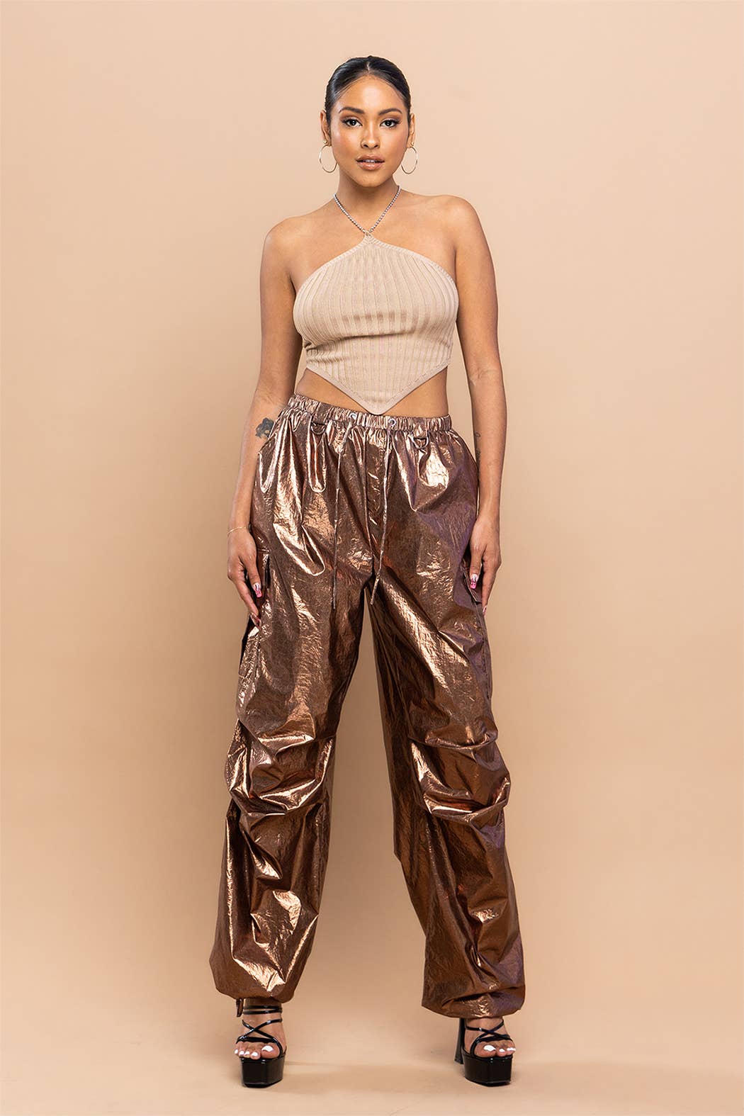 No Vacancy - Wholesale Pants - Women's - Metallic low waist cargo parachute pants0