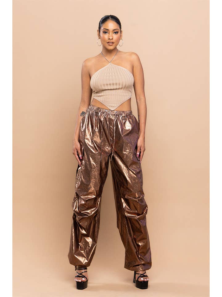 No Vacancy - Wholesale Pants - Women's - Metallic low waist cargo parachute pants