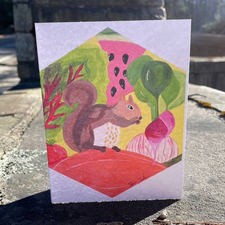 Squirrel Farmer's Market Cards for wholesale by Hana Firestone Illustration