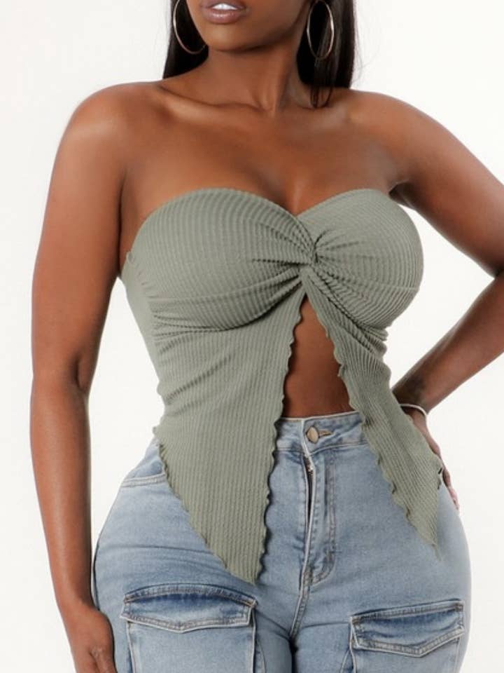 RIBBED TWIST FRONT SLIT STRAPLESS TUBE TOP for wholesale by JBLA FASHION