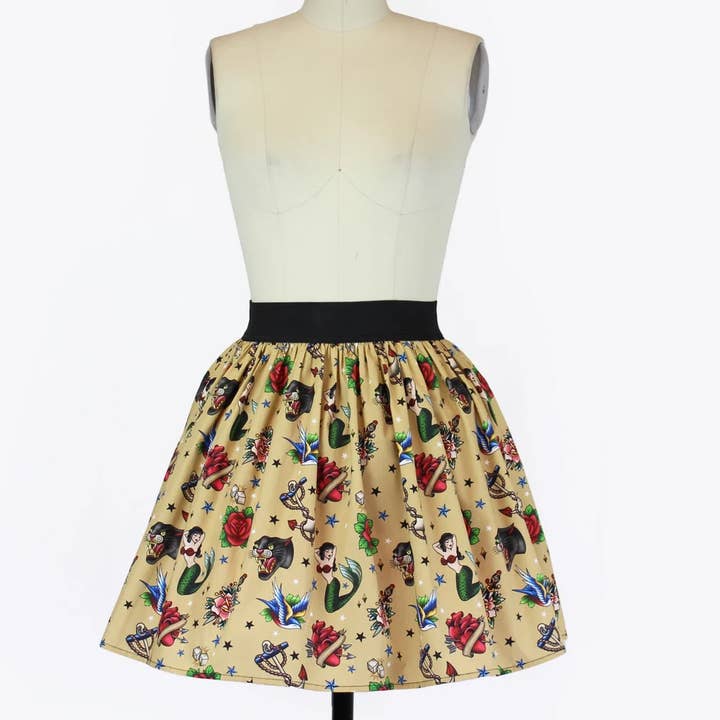 Hemet - Wholesale Skirt – Women’s - Vintage Inspired Tattoo Flash Art A-line Elastic Skirt
1