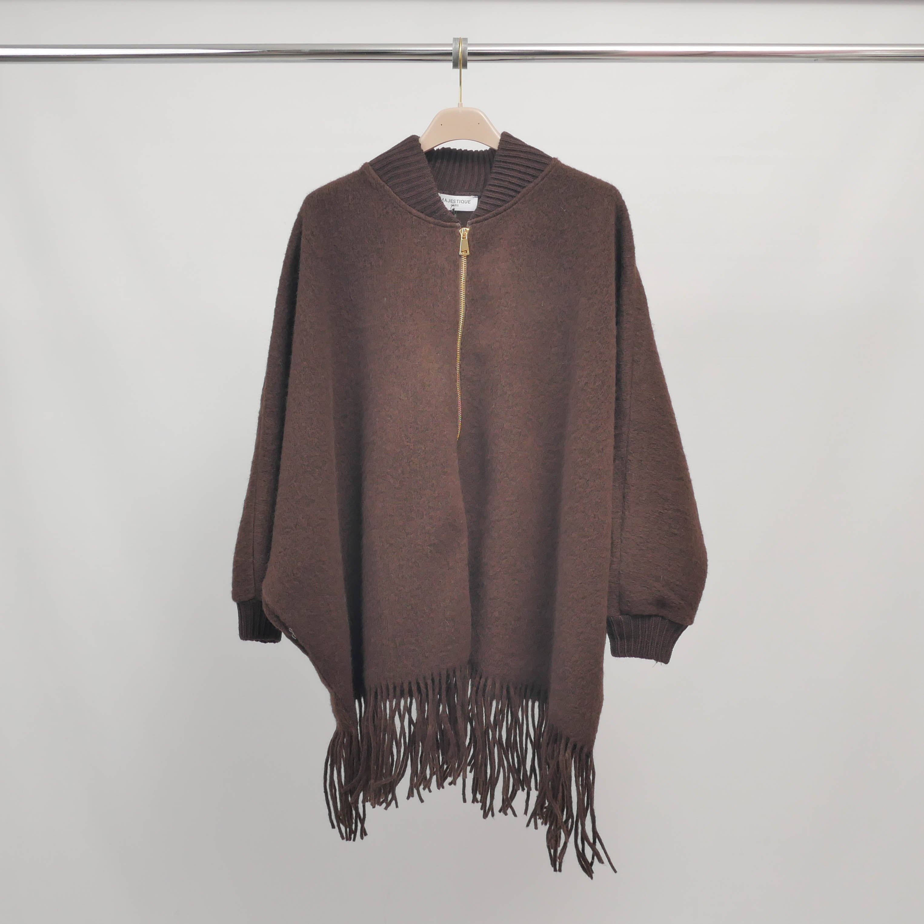Cecile Wang - Vente Poncho – femme - Poncho à franges zippé manches chauve-souris – MJ842022