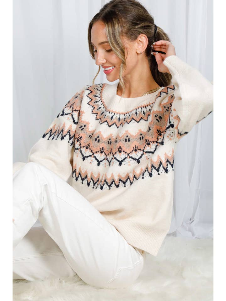 Cream Multi Fair Isle Embellished Pullover Knitted Sweater VT82602 for wholesale on Faire21