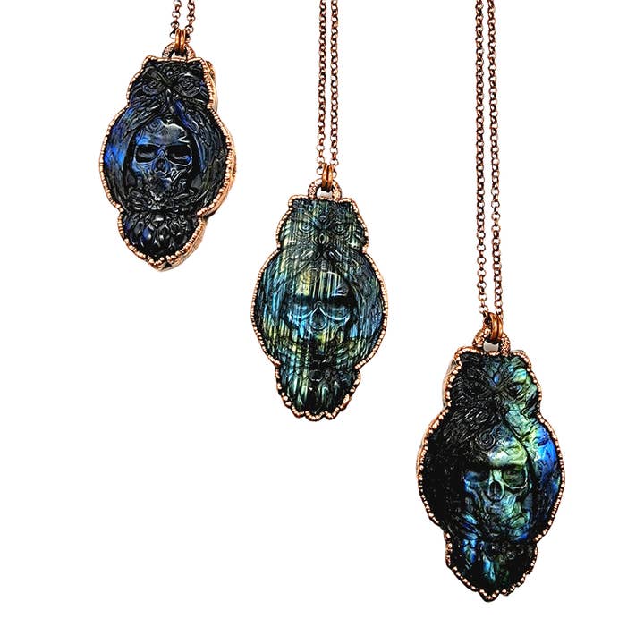 Labradorite Carved Owl & Skull Necklace for wholesale by MergingMetals