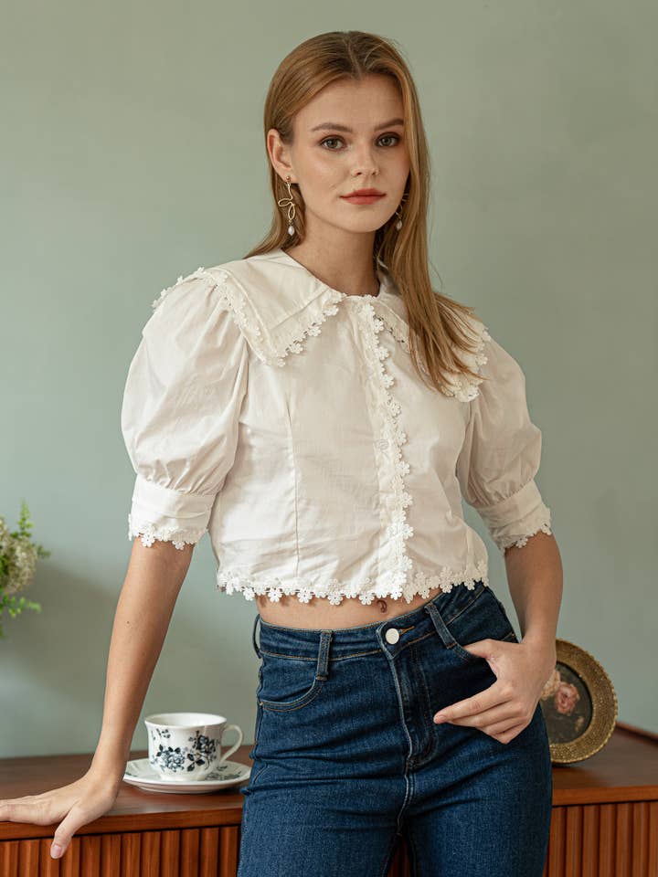 ROSIE POSIE - Venta al por mayor Blusa - Mujer - Blusa vintage con encaje floral y mangas abullonadas5