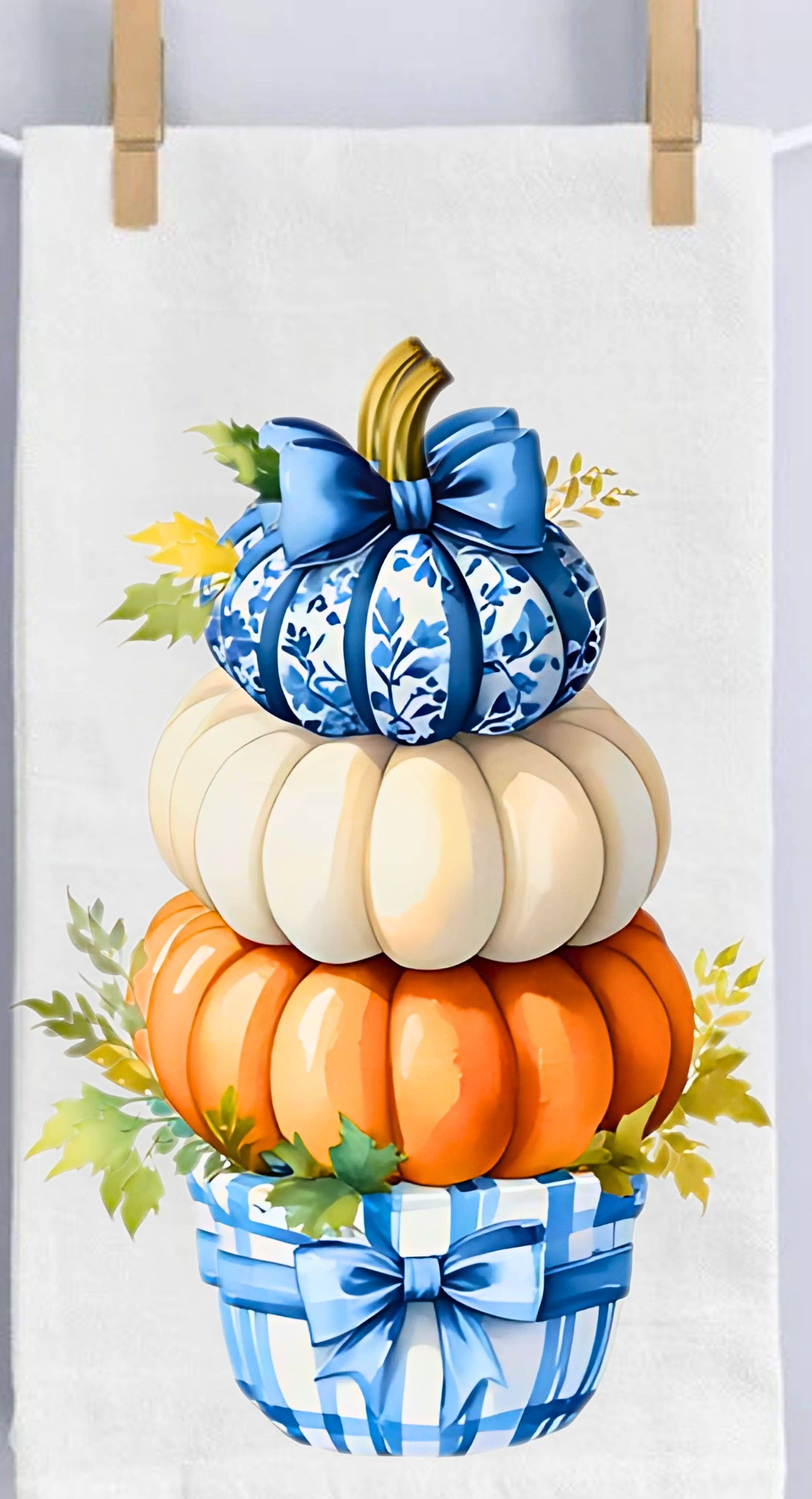 Cottage & Club - Venta al por mayor Paños de cocina - Paño de Cocina con Calabazas Apiladas Azul y Blanco0