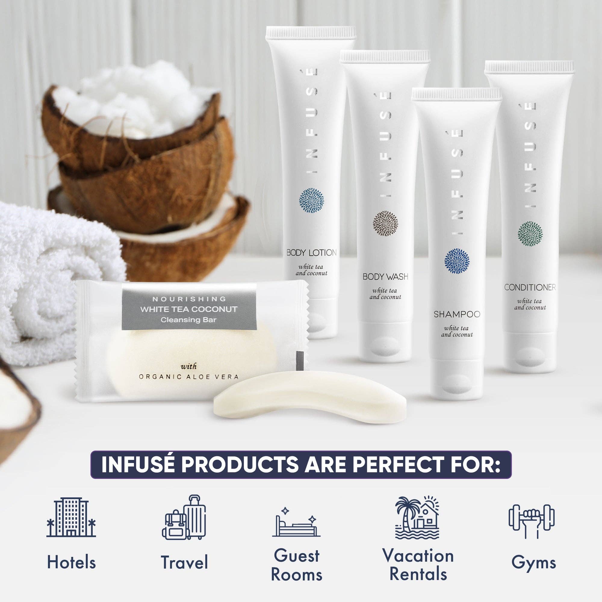 Diversified Hospitality Solutions - Wholesale Bath & Body Set - Infuse Pure White Tea and Coconut Hotel Soaps and Toiletries Bulk Set | 1-Shoppe All-In-Kit for Hotels | 1oz Shampoo & Conditioner, Body Wash, Lotion & 1.25oz Bar Soap | Travel Size 300 Pieces1